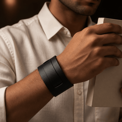 THE MEN THING Leather Bracelet STEALTH EDGE - 50mm Black Genuine Leather Adjustable Bracelet for Men & Boys (10.5 inch)