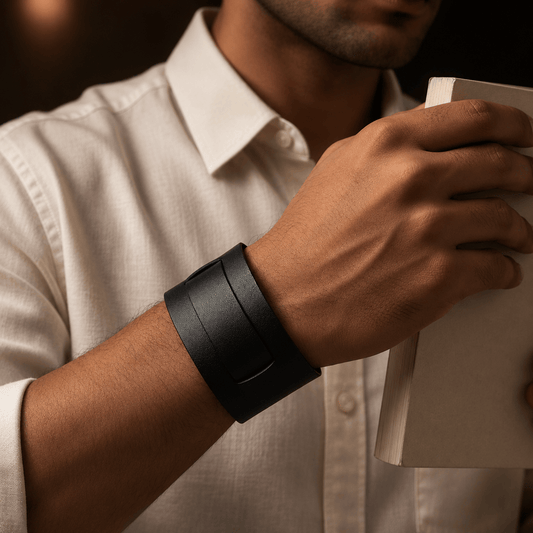 THE MEN THING Leather Bracelet STEALTH EDGE - 50mm Black Genuine Leather Adjustable Bracelet for Men & Boys (10.5 inch)