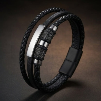 THE MEN THING Leather Bracelet STEEL BAR BLACK – Multi-Layer Leather Bracelet with Stainless Steel Magnetic Buckle for Men & Boys (8 Inch)