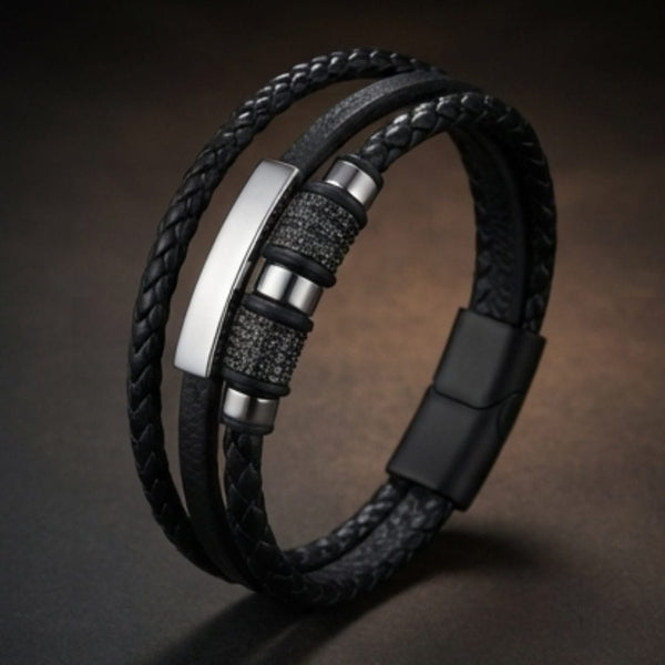 STEEL BAR BLACK – Multi-Layer Leather Bracelet with Stainless Steel Magnetic Buckle for Men & Boys (8 Inch)