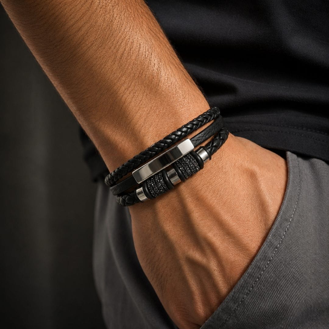 THE MEN THING Leather Bracelet STEEL BAR BLACK – Multi-Layer Leather Bracelet with Stainless Steel Magnetic Buckle for Men & Boys (8 Inch)