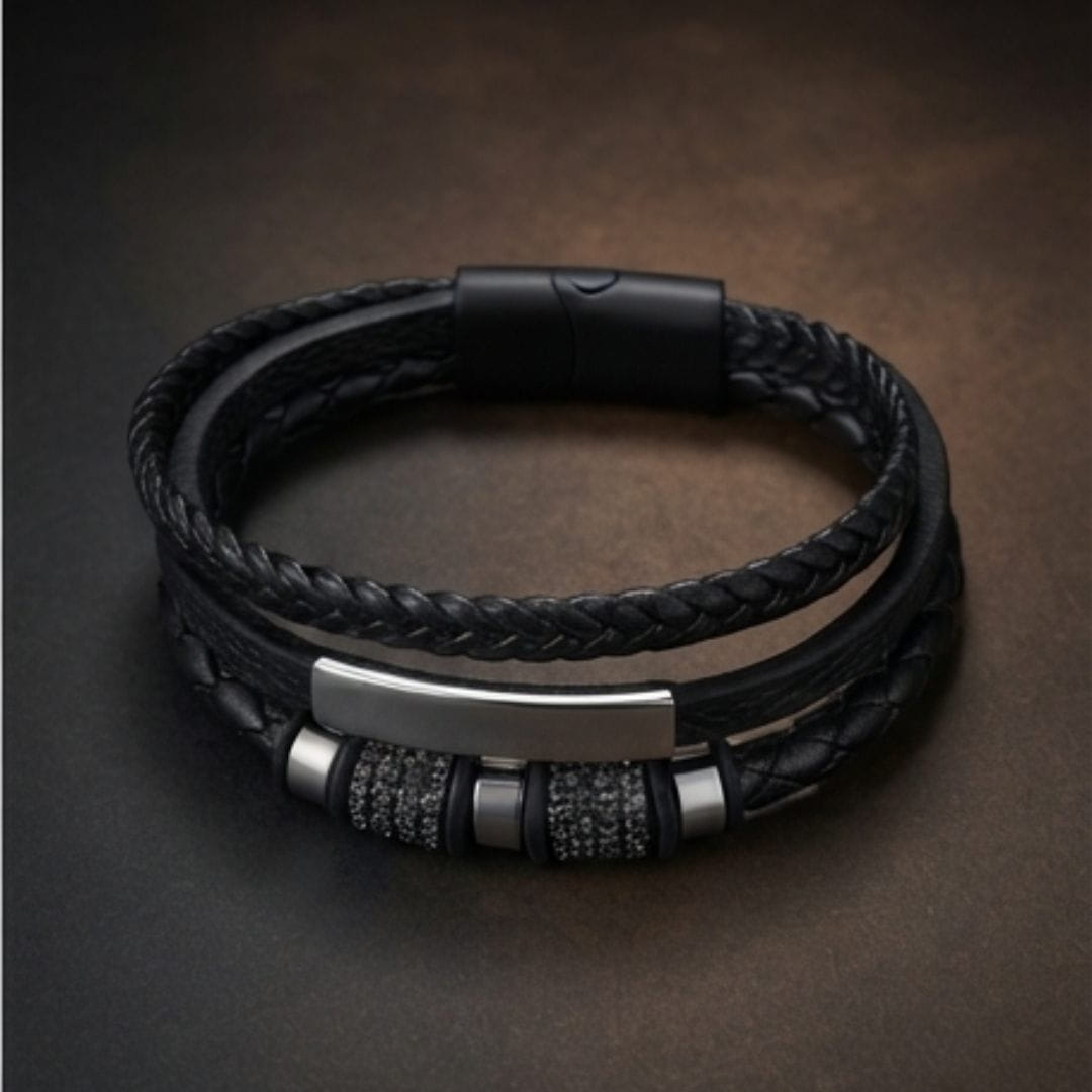 THE MEN THING Leather Bracelet STEEL BAR BLACK – Multi-Layer Leather Bracelet with Stainless Steel Magnetic Buckle for Men & Boys (8 Inch)
