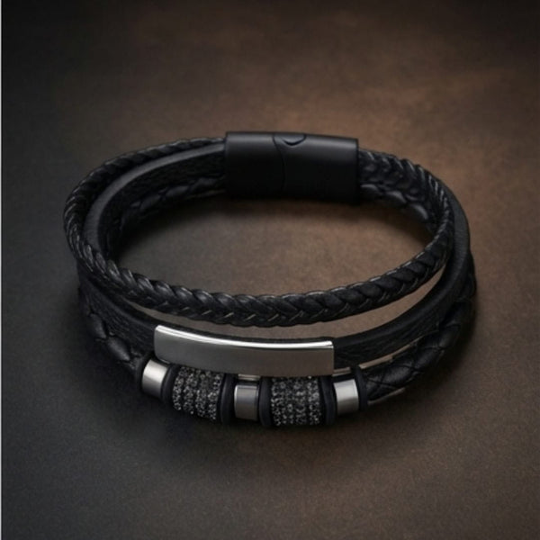 STEEL BAR BLACK – Multi-Layer Leather Bracelet with Stainless Steel Magnetic Buckle for Men & Boys (8 Inch)