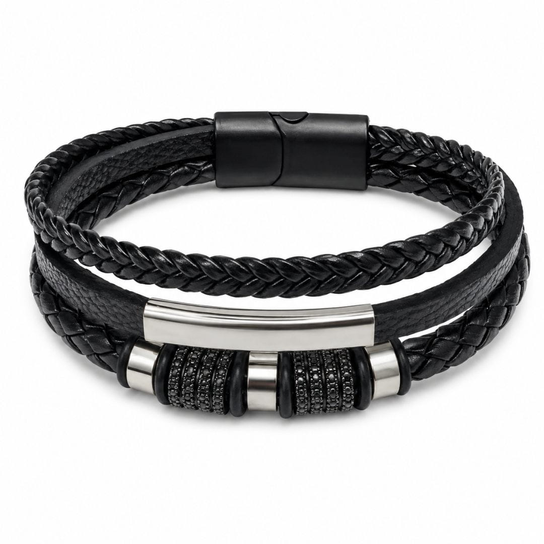 THE MEN THING Leather Bracelet STEEL BAR BLACK – Multi-Layer Leather Bracelet with Stainless Steel Magnetic Buckle for Men & Boys (8 Inch)