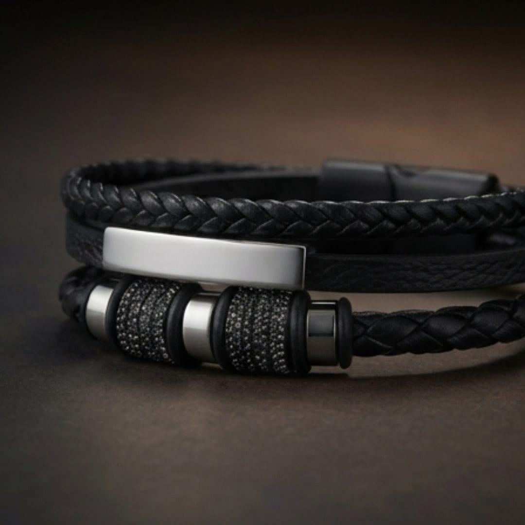 THE MEN THING Leather Bracelet STEEL BAR BLACK – Multi-Layer Leather Bracelet with Stainless Steel Magnetic Buckle for Men & Boys (8 Inch)