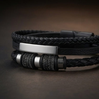 THE MEN THING Leather Bracelet STEEL BAR BLACK – Multi-Layer Leather Bracelet with Stainless Steel Magnetic Buckle for Men & Boys (8 Inch)