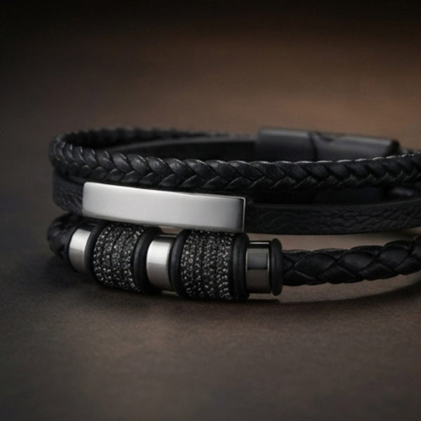 STEEL BAR BLACK – Multi-Layer Leather Bracelet with Stainless Steel Magnetic Buckle for Men & Boys (8 Inch)