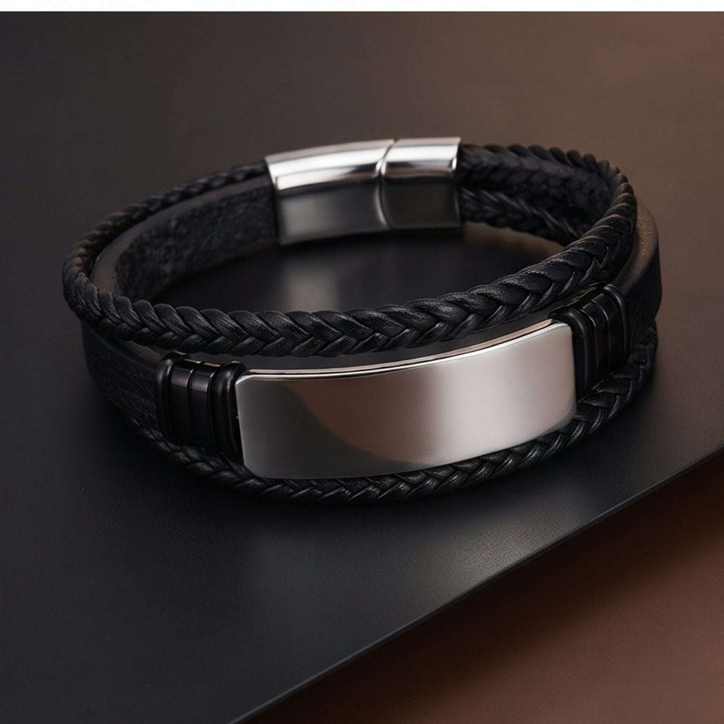 THE MEN THING Leather Bracelet STEEL PLATE BLACK - 25mm Genuine Leather Bracelet with Stainless Steel Magnetic Buckle for Men & Boys (8.5 inch)