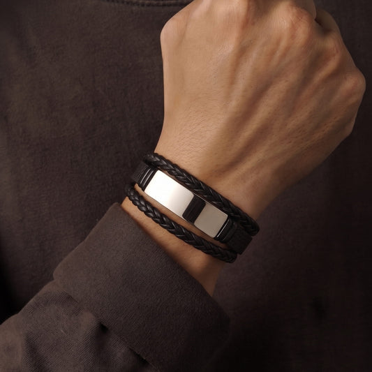THE MEN THING Leather Bracelet STEEL PLATE BLACK - 25mm Genuine Leather Bracelet with Stainless Steel Magnetic Buckle for Men & Boys (8.5 inch)