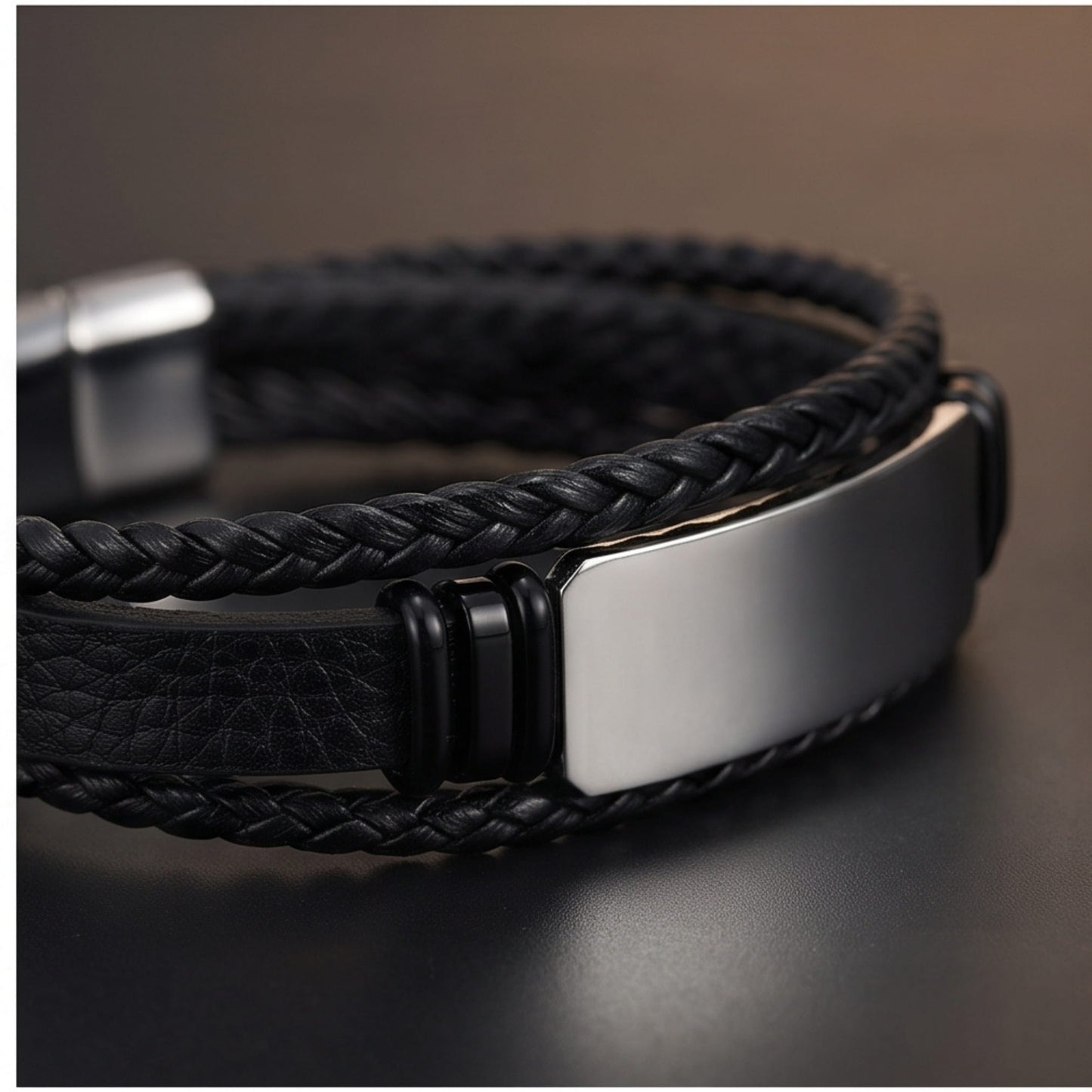 THE MEN THING Leather Bracelet STEEL PLATE BLACK - 25mm Genuine Leather Bracelet with Stainless Steel Magnetic Buckle for Men & Boys (8.5 inch)