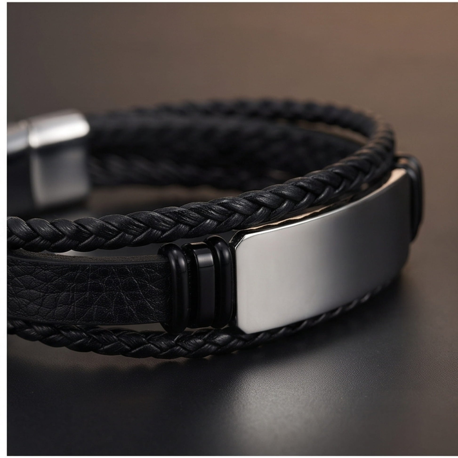 THE MEN THING Leather Bracelet STEEL PLATE BLACK - 25mm Genuine Leather Bracelet with Stainless Steel Magnetic Buckle for Men & Boys (8.5 inch)