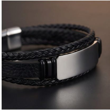 THE MEN THING Leather Bracelet STEEL PLATE BLACK - 25mm Genuine Leather Bracelet with Stainless Steel Magnetic Buckle for Men & Boys (8.5 inch)