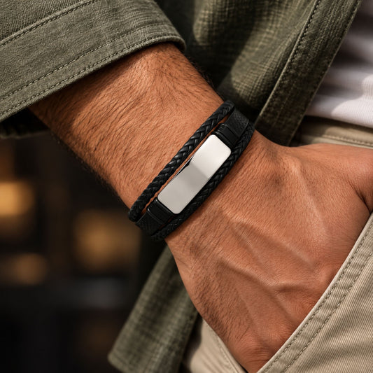 THE MEN THING Leather Bracelet STEEL PLATE BLACK - 25mm Genuine Leather Bracelet with Stainless Steel Magnetic Buckle for Men & Boys (8.5 inch)