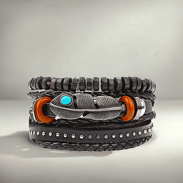 STORMWEAVER - 3 Pcs Genuine Braided Leather Bracelet Set for Men & Boys (8 inch)