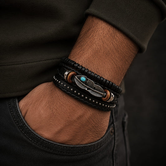 THE MEN THING Leather Bracelet STORMWEAVER - 3 Pcs Genuine Braided Leather Bracelet Set for Men & Boys (8 inch)