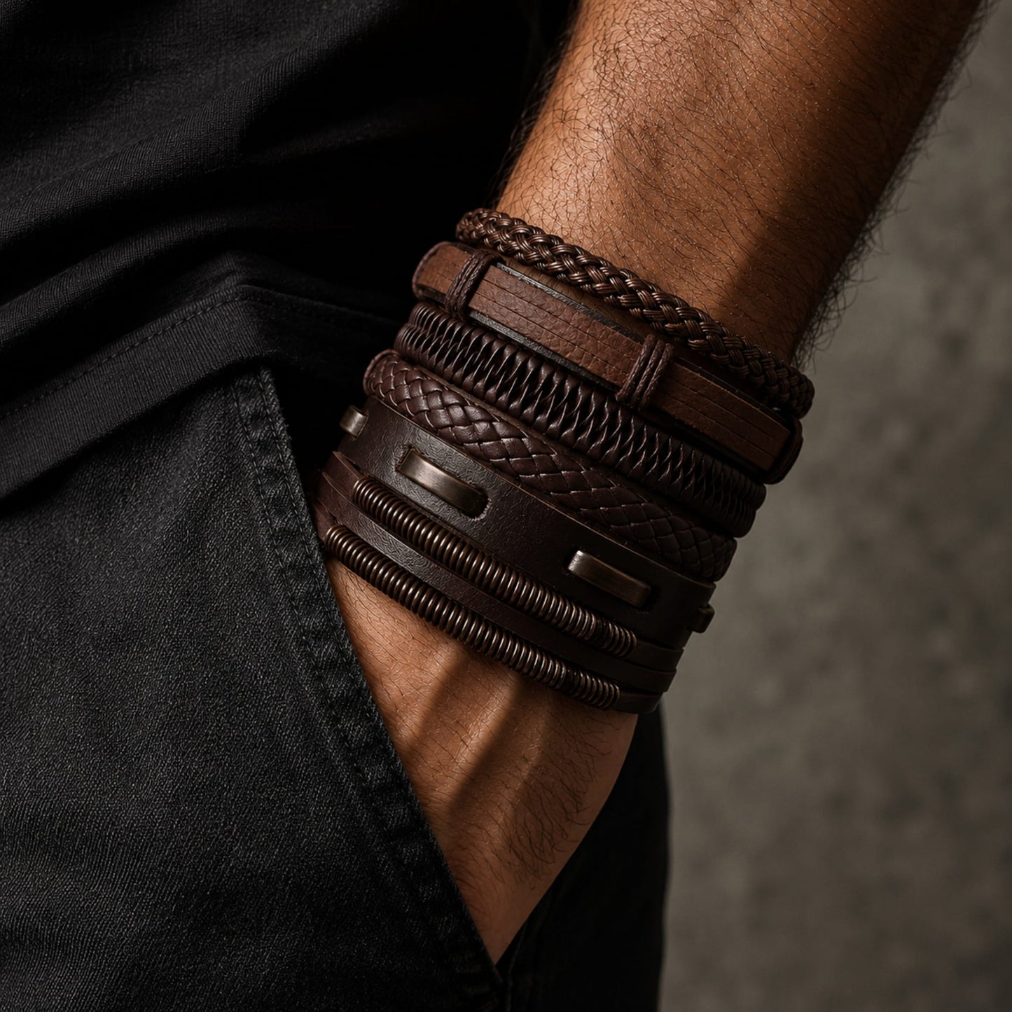 THE MEN THING Leather Bracelet STRING WOVEN - 6 pcs Multi-layer Set Genuine Braided Leather Bracelet Set for Men & Boys (8 inch)