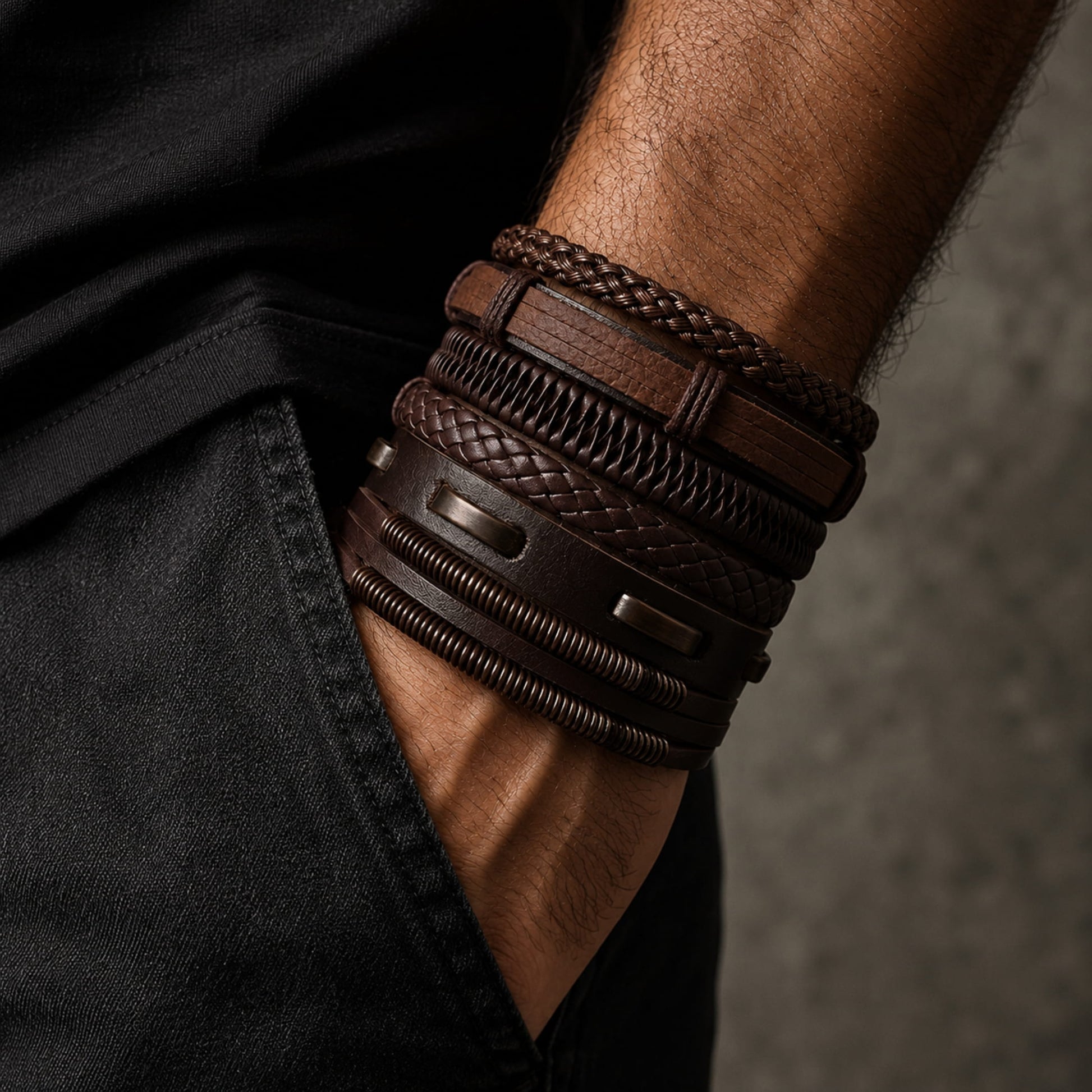 THE MEN THING Leather Bracelet STRING WOVEN - 6 pcs Multi-layer Set Genuine Braided Leather Bracelet Set for Men & Boys (8 inch)