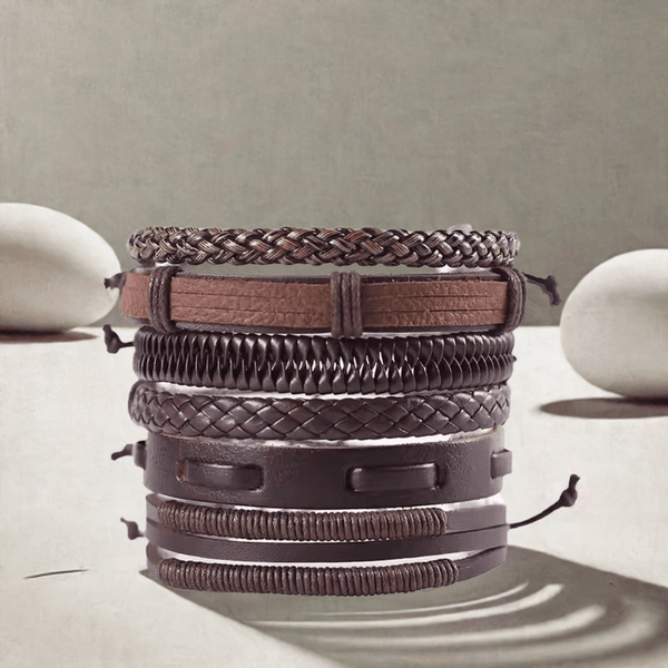STRING WOVEN - 6 pcs Multi-layer Set Genuine Braided Leather Bracelet Set for Men & Boys (8 inch)