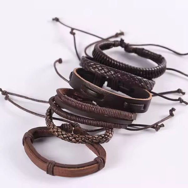 STRING WOVEN - 6 pcs Multi-layer Set Genuine Braided Leather Bracelet Set for Men & Boys (8 inch)