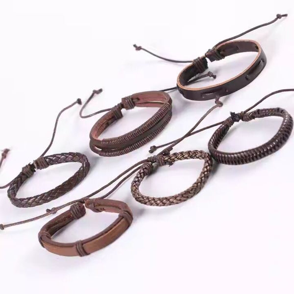 STRING WOVEN - 6 pcs Multi-layer Set Genuine Braided Leather Bracelet Set for Men & Boys (8 inch)