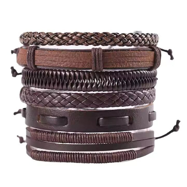 STRING WOVEN - 6 pcs Multi-layer Set Genuine Braided Leather Bracelet Set for Men & Boys (8 inch)