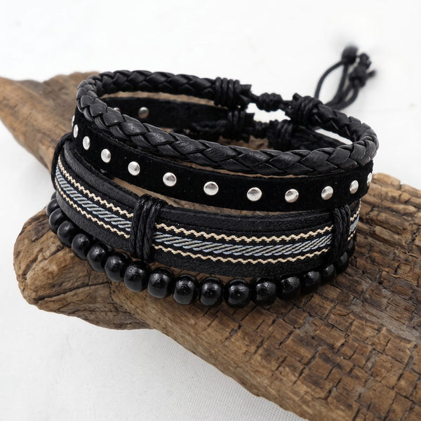 STUDDED WEAVE BLACK - 3Pcs Genuine Leather Adjustable Bracelets Set for Men & Boys