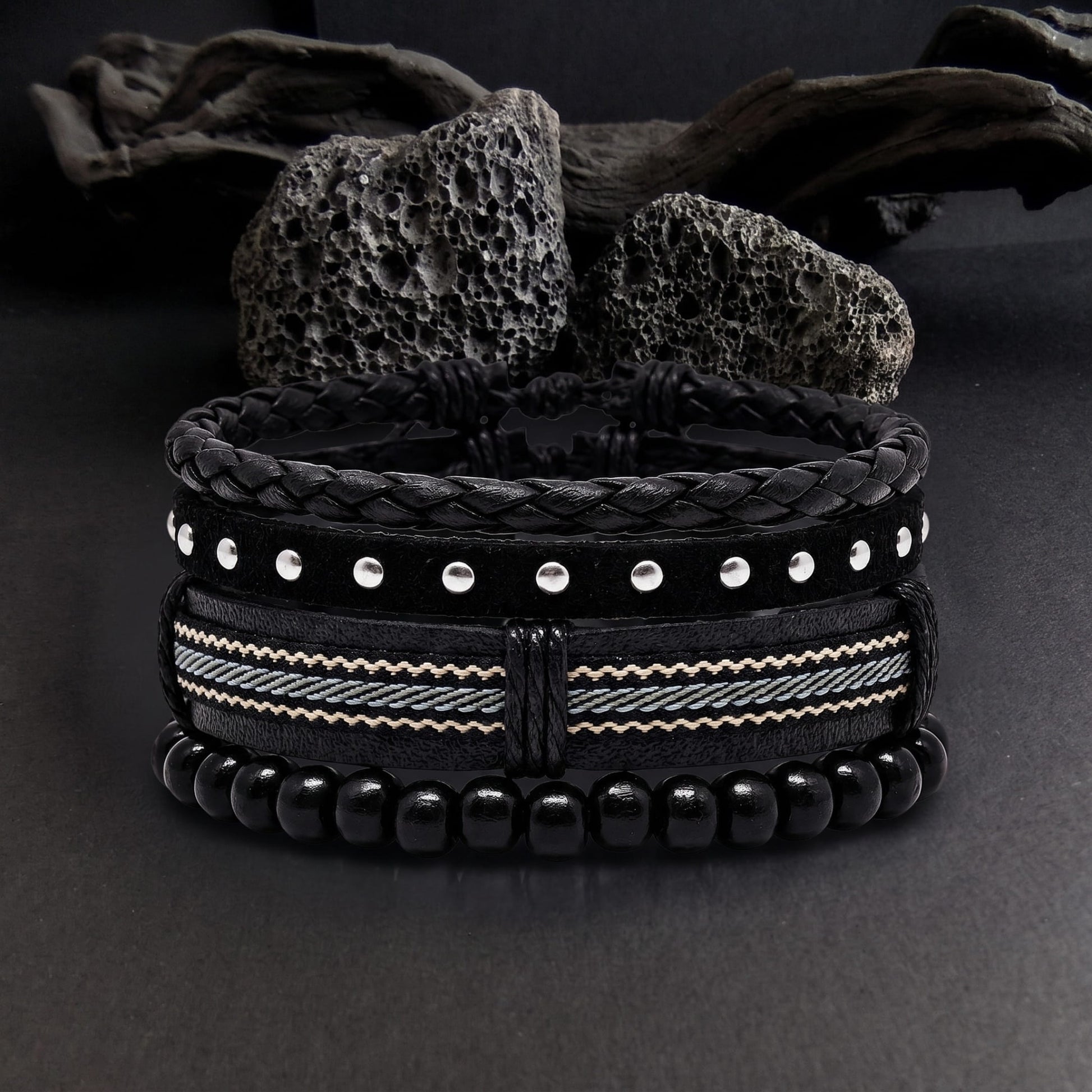 THE MEN THING Leather Bracelet STUDDED WEAVE BLACK - 3Pcs Genuine Leather Adjustable Bracelets Set for Men & Boys