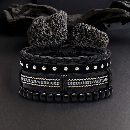 THE MEN THING Leather Bracelet STUDDED WEAVE BLACK - 3Pcs Genuine Leather Adjustable Bracelets Set for Men & Boys