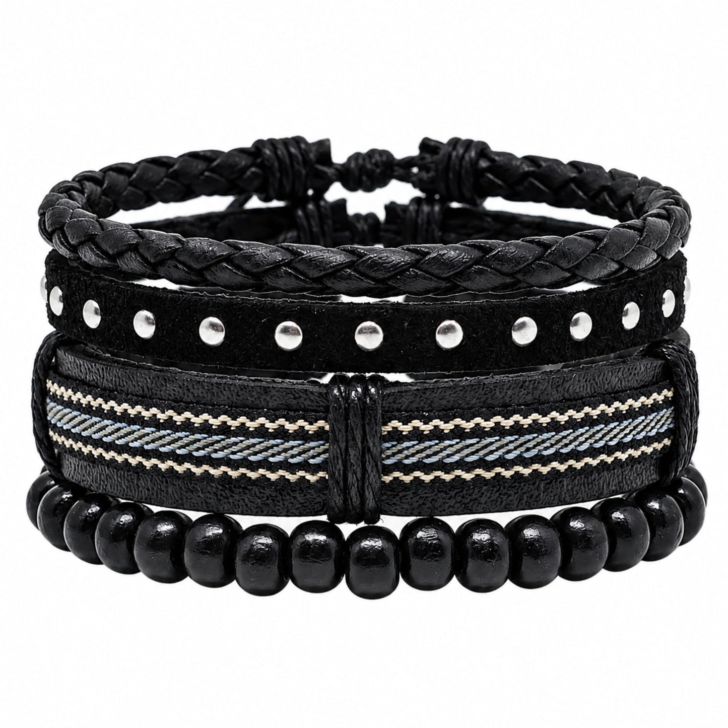 THE MEN THING Leather Bracelet STUDDED WEAVE BLACK - 3Pcs Genuine Leather Adjustable Bracelets Set for Men & Boys