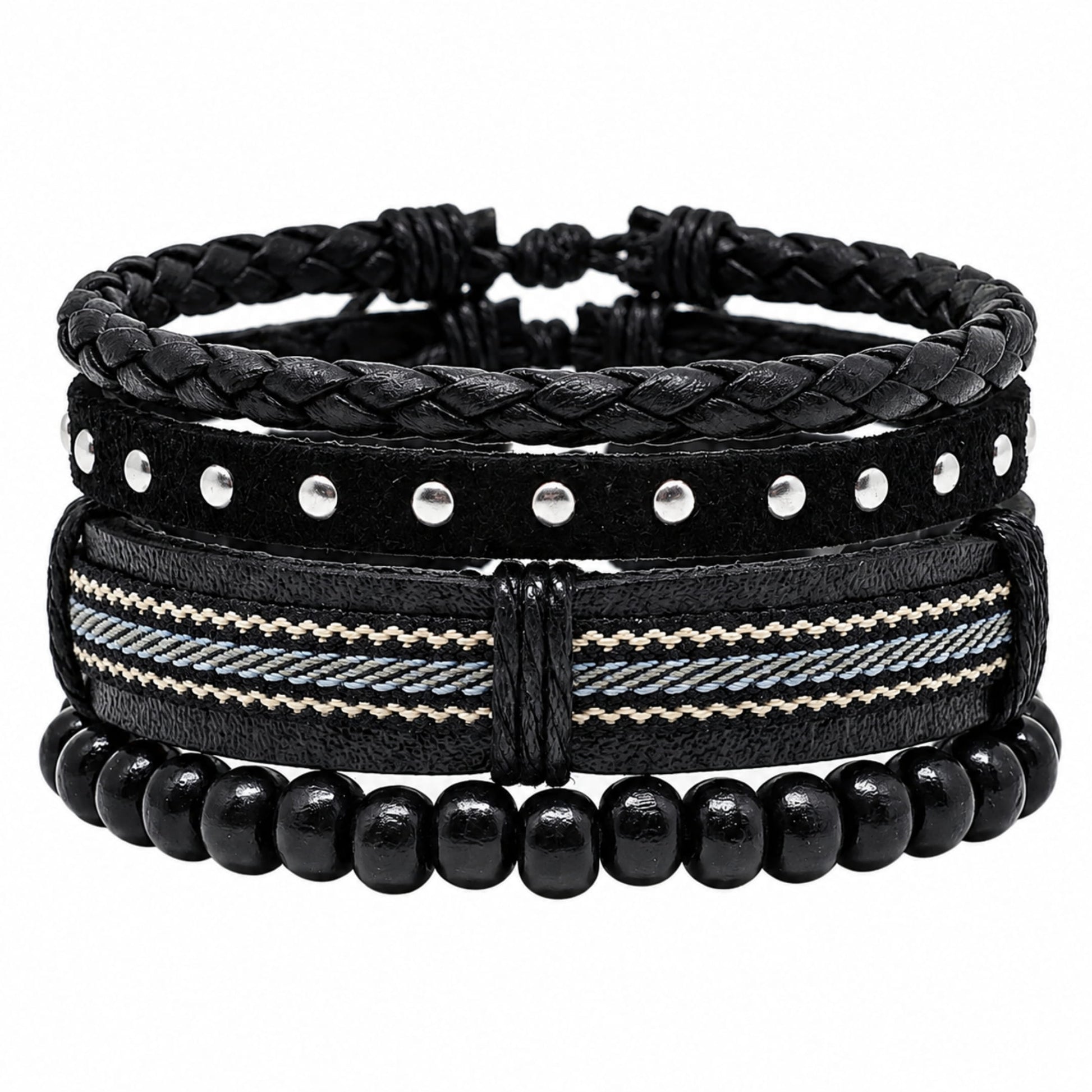 THE MEN THING Leather Bracelet STUDDED WEAVE BLACK - 3Pcs Genuine Leather Adjustable Bracelets Set for Men & Boys