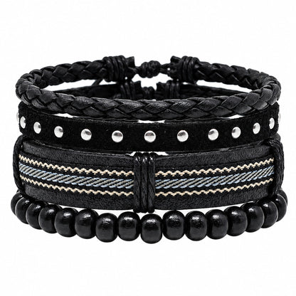 THE MEN THING Leather Bracelet STUDDED WEAVE BLACK - 3Pcs Genuine Leather Adjustable Bracelets Set for Men & Boys