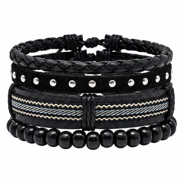 STUDDED WEAVE BLACK - 3Pcs Genuine Leather Adjustable Bracelets Set for Men & Boys