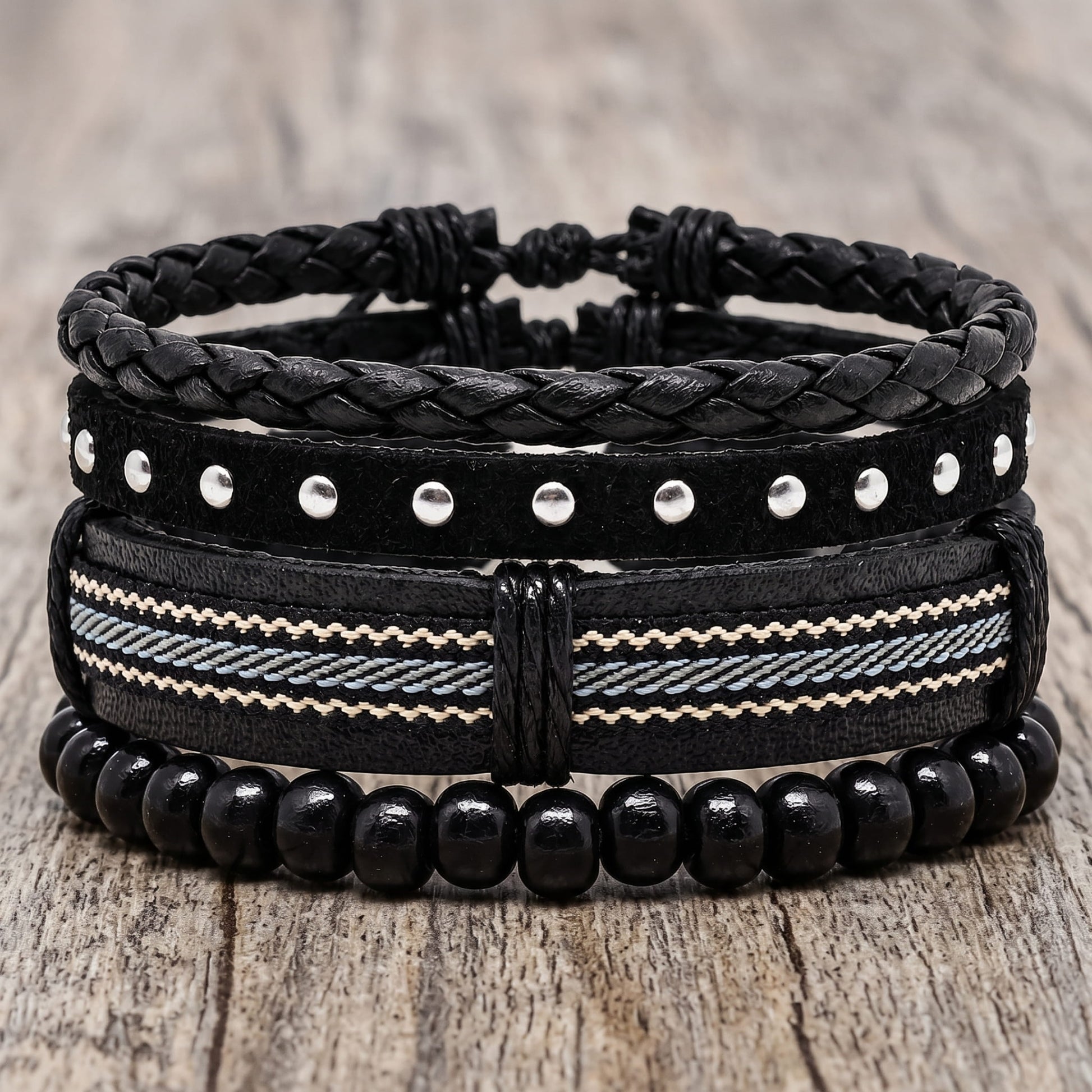 THE MEN THING Leather Bracelet STUDDED WEAVE BLACK - 3Pcs Genuine Leather Adjustable Bracelets Set for Men & Boys