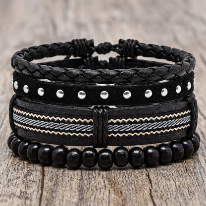 THE MEN THING Leather Bracelet STUDDED WEAVE BLACK - 3Pcs Genuine Leather Adjustable Bracelets Set for Men & Boys