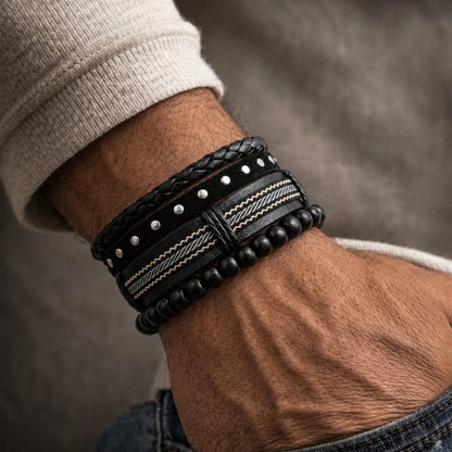 THE MEN THING Leather Bracelet STUDDED WEAVE BLACK - 3Pcs Genuine Leather Adjustable Bracelets Set for Men & Boys
