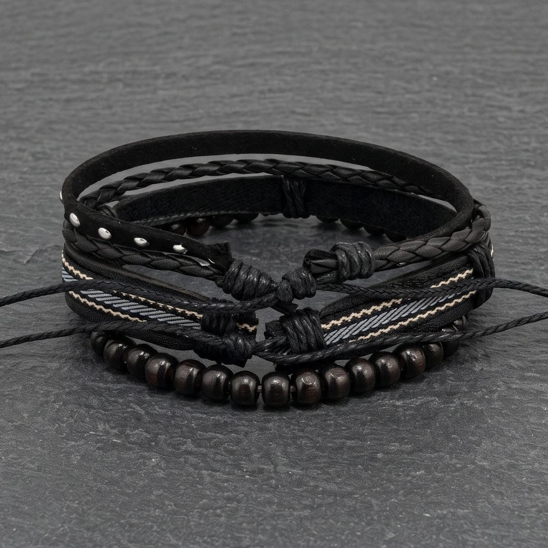 THE MEN THING Leather Bracelet STUDDED WEAVE BLACK - 3Pcs Genuine Leather Adjustable Bracelets Set for Men & Boys