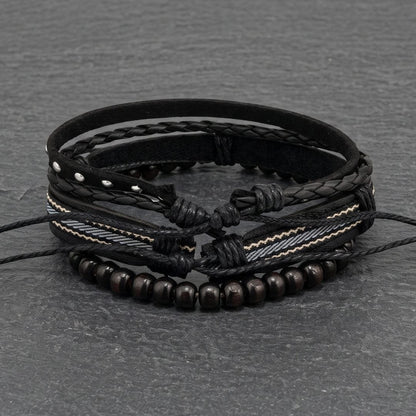 THE MEN THING Leather Bracelet STUDDED WEAVE BLACK - 3Pcs Genuine Leather Adjustable Bracelets Set for Men & Boys