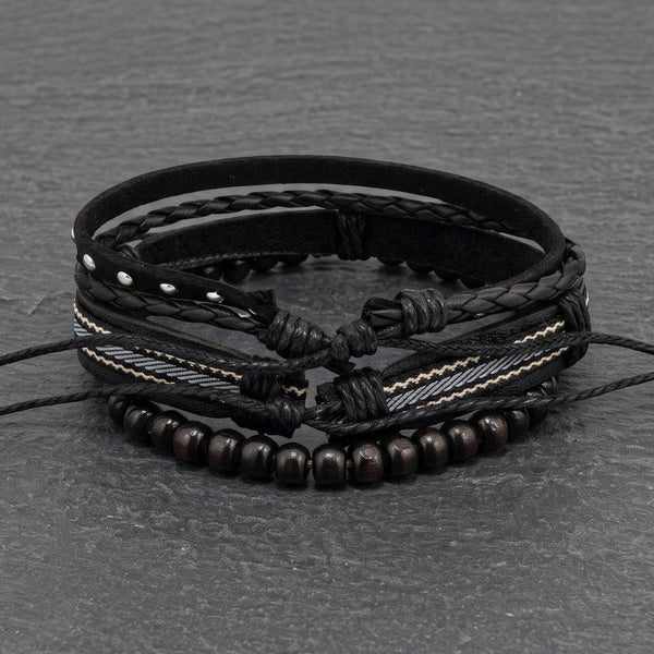 STUDDED WEAVE BLACK - 3Pcs Genuine Leather Adjustable Bracelets Set for Men & Boys