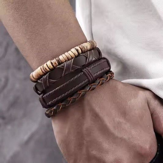 THE MEN THING Leather Bracelet SURVIVOR’S STRAND - 4 Pcs Genuine Braided Leather Bracelet Set for Men & Boys (8 inch)