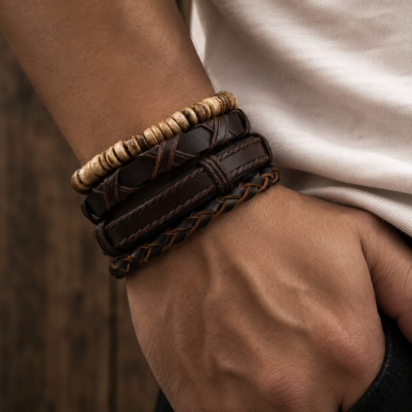 SURVIVOR’S STRAND - 4 Pcs Genuine Braided Leather Bracelet Set for Men & Boys (8 inch)