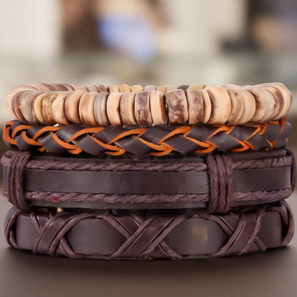 SURVIVOR’S STRAND - 4 Pcs Genuine Braided Leather Bracelet Set for Men & Boys (8 inch)