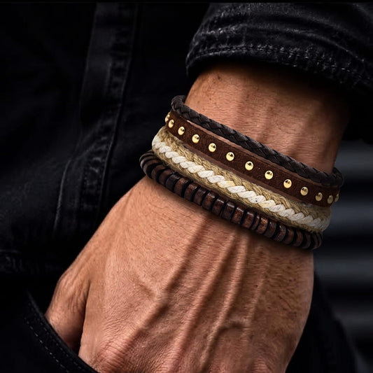 THE MEN THING Leather Bracelet TACTICAL GROVE - 3Pcs Genuine Leather Adjustable Bracelets Set for Men & Boys