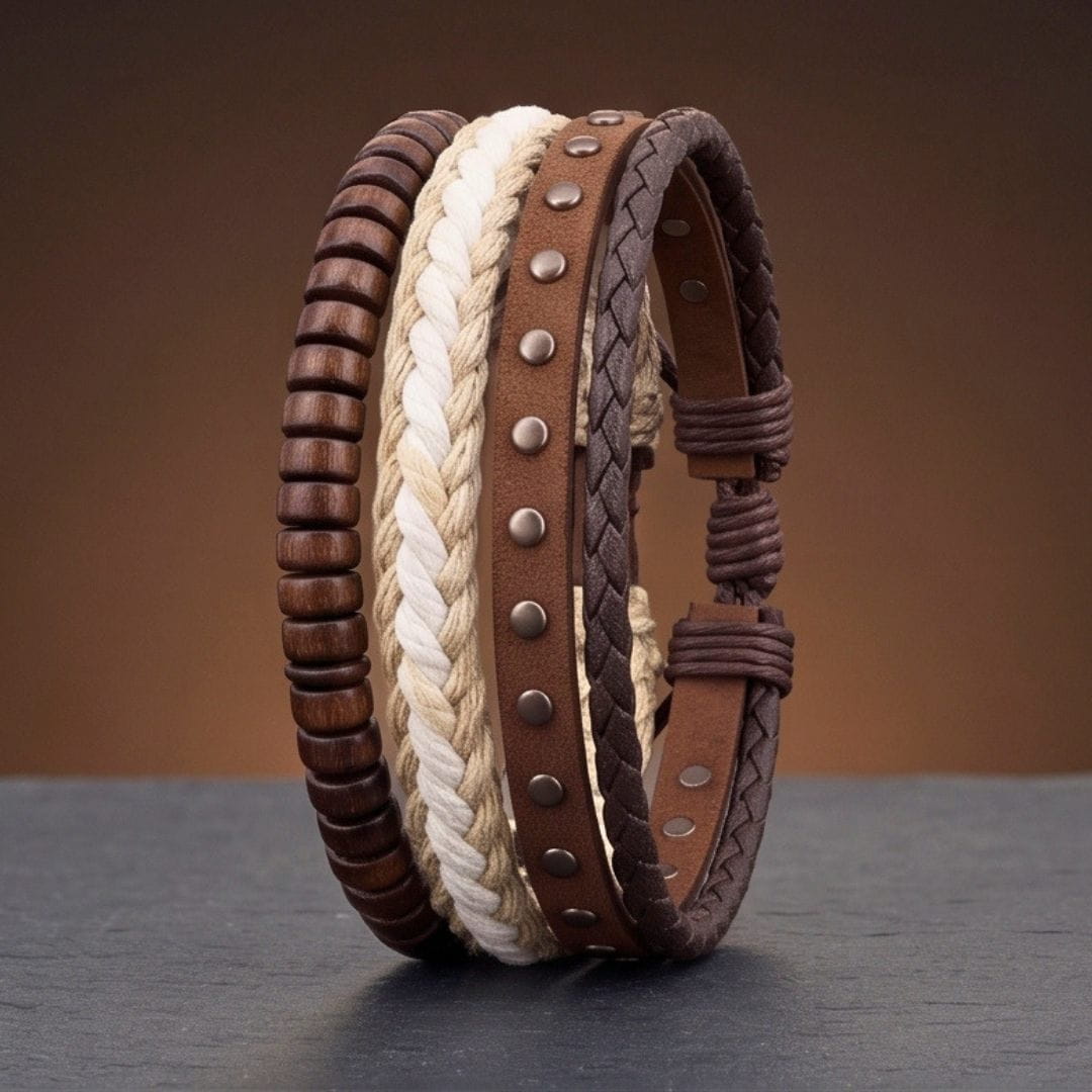 THE MEN THING Leather Bracelet TACTICAL GROVE - 3Pcs Genuine Leather Adjustable Bracelets Set for Men & Boys