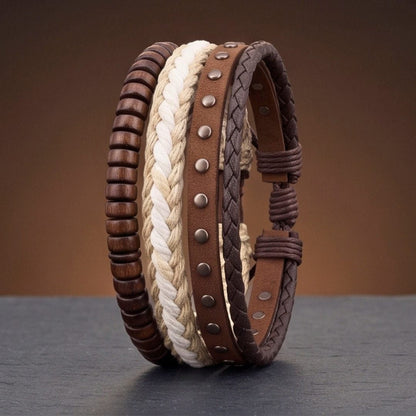THE MEN THING Leather Bracelet TACTICAL GROVE - 3Pcs Genuine Leather Adjustable Bracelets Set for Men & Boys