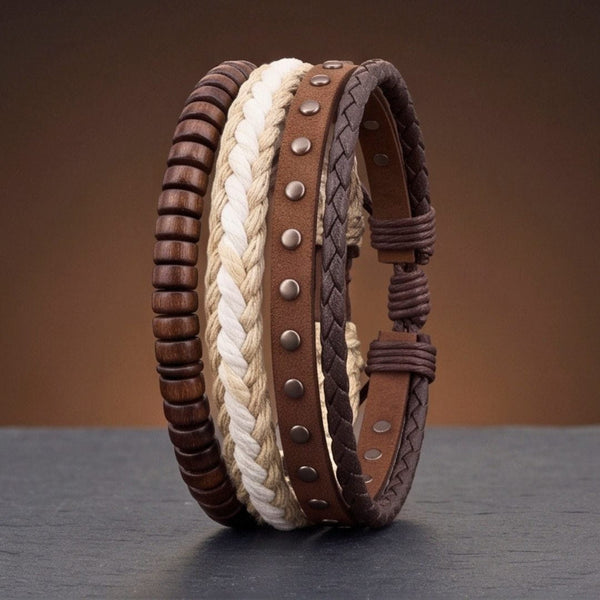 TACTICAL GROVE - 3Pcs Genuine Leather Adjustable Bracelets Set for Men & Boys