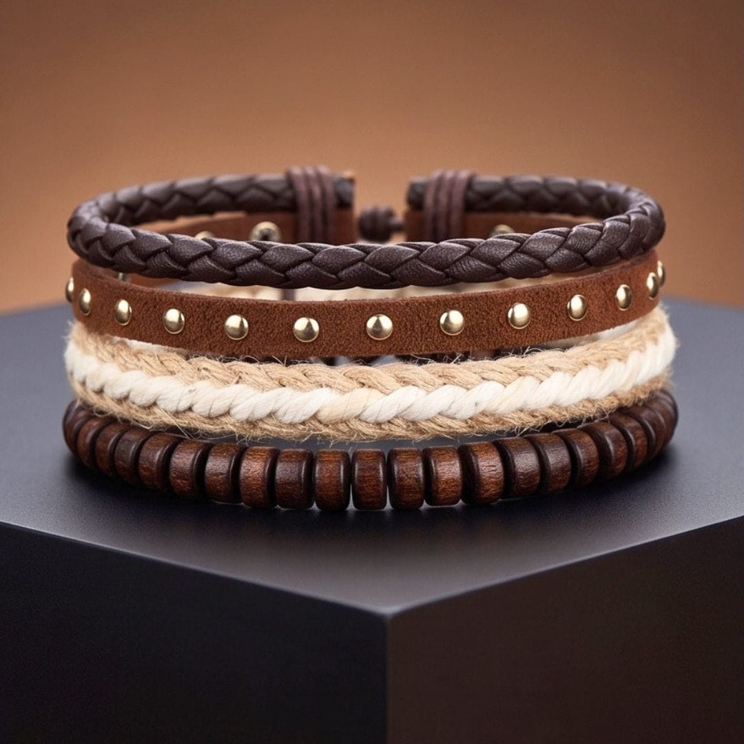 THE MEN THING Leather Bracelet TACTICAL GROVE - 3Pcs Genuine Leather Adjustable Bracelets Set for Men & Boys
