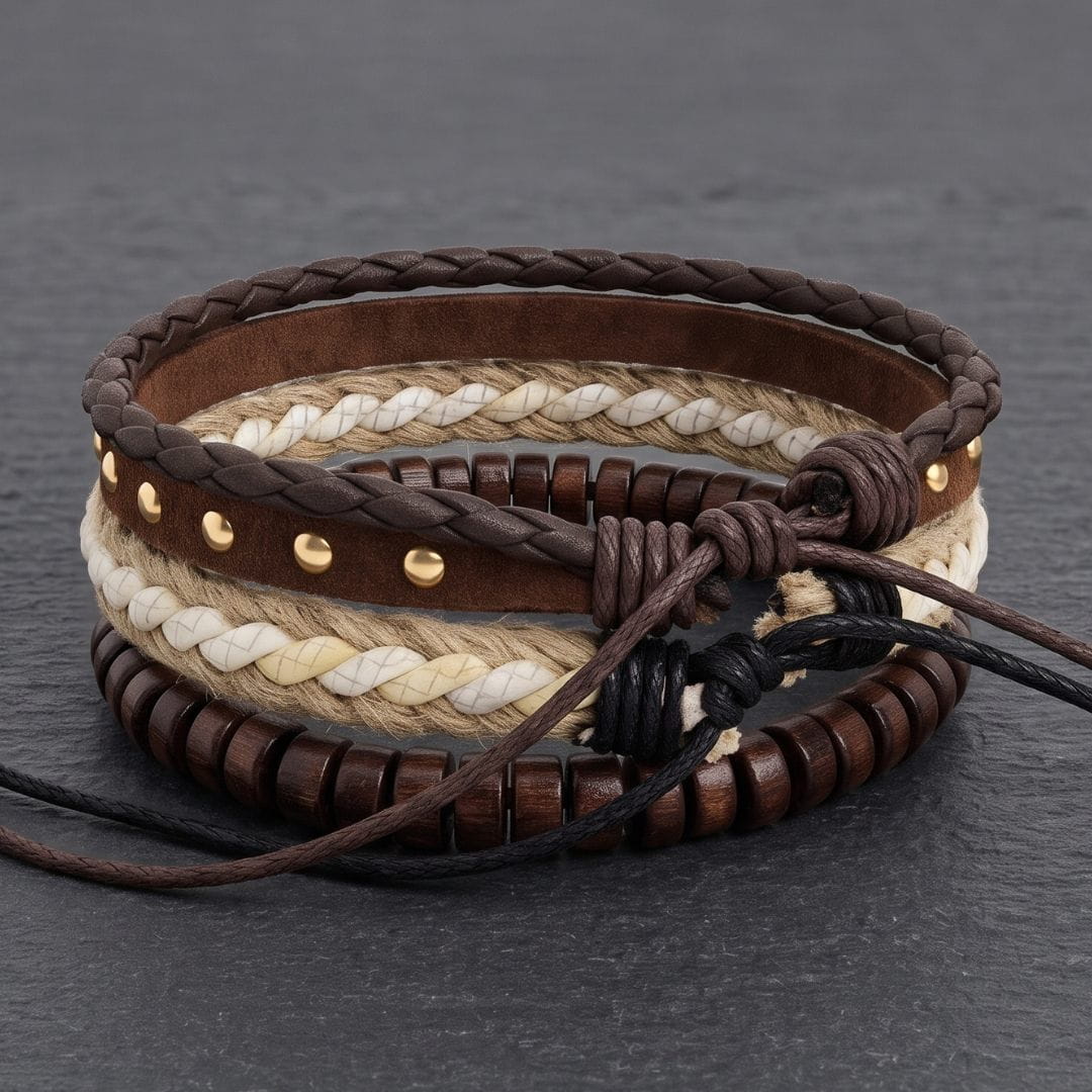 THE MEN THING Leather Bracelet TACTICAL GROVE - 3Pcs Genuine Leather Adjustable Bracelets Set for Men & Boys