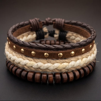 THE MEN THING Leather Bracelet TACTICAL GROVE - 3Pcs Genuine Leather Adjustable Bracelets Set for Men & Boys