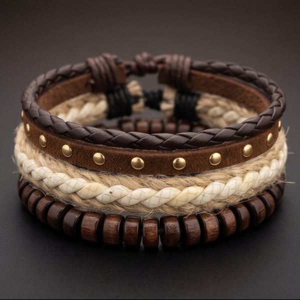 TACTICAL GROVE - 3Pcs Genuine Leather Adjustable Bracelets Set for Men & Boys