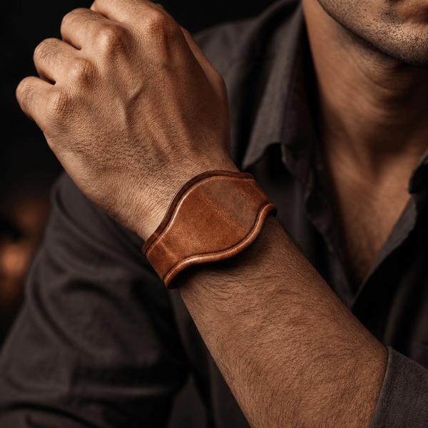 TAVERNIX CUFF - 20mm Brown Genuine Leather Adjustable Bracelet for Men & Boys (9.5 inch)